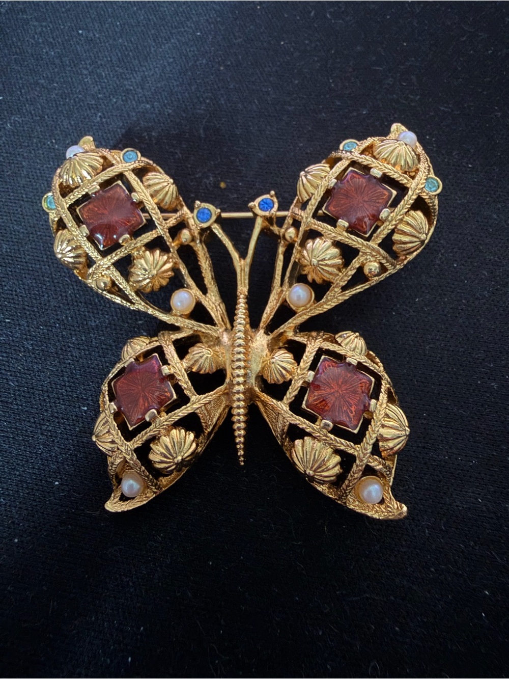 Vintage large Gold-Tone Butterfly Brooch with Red Glass Accents and Pearls